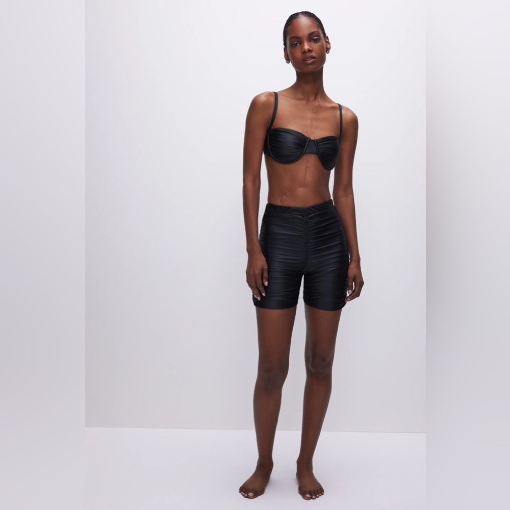 NWT Good American black Ruched Swim Bikini Bike Shorts S